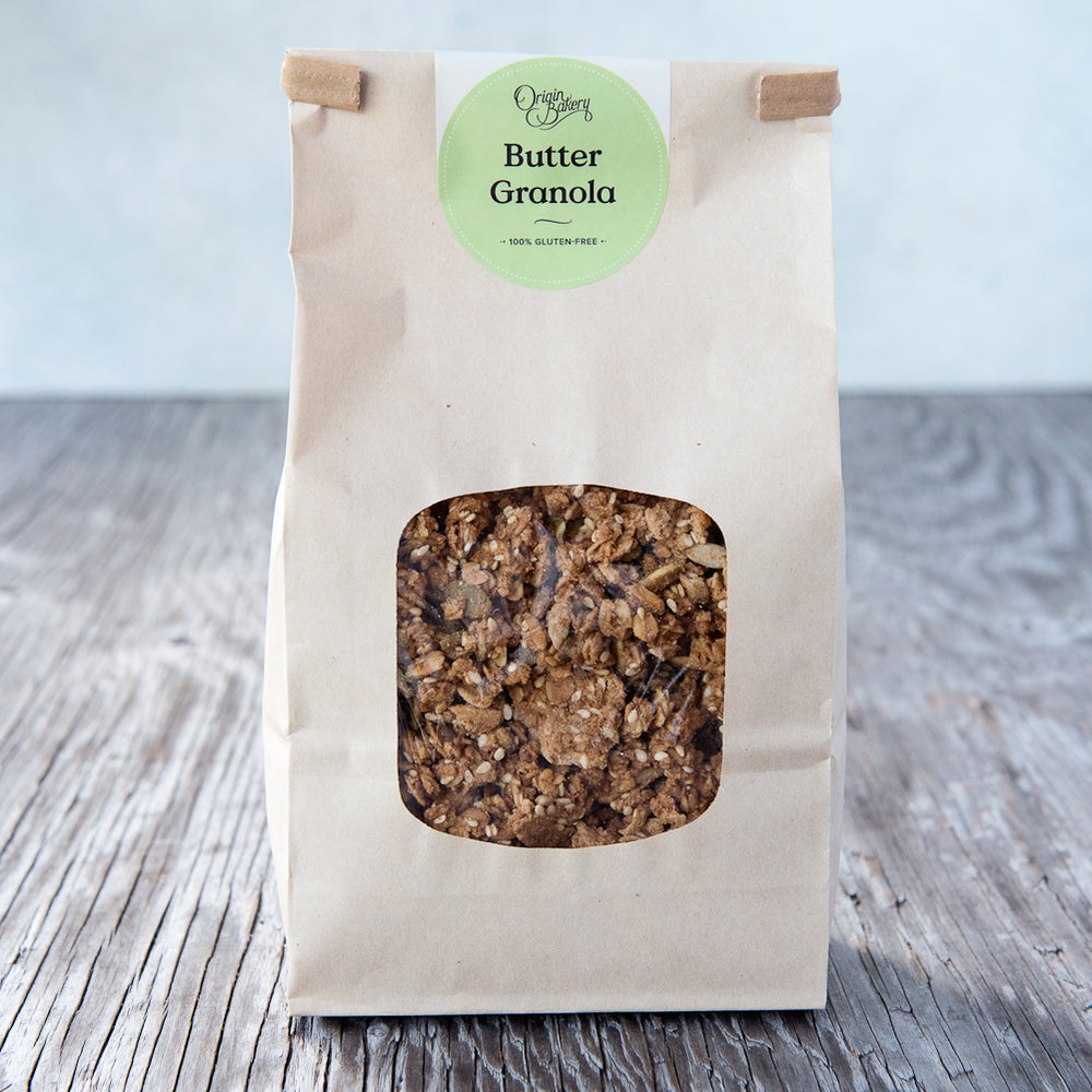 gluten free granola 500g in paper window tin tie bag with Origin Bakery sticker