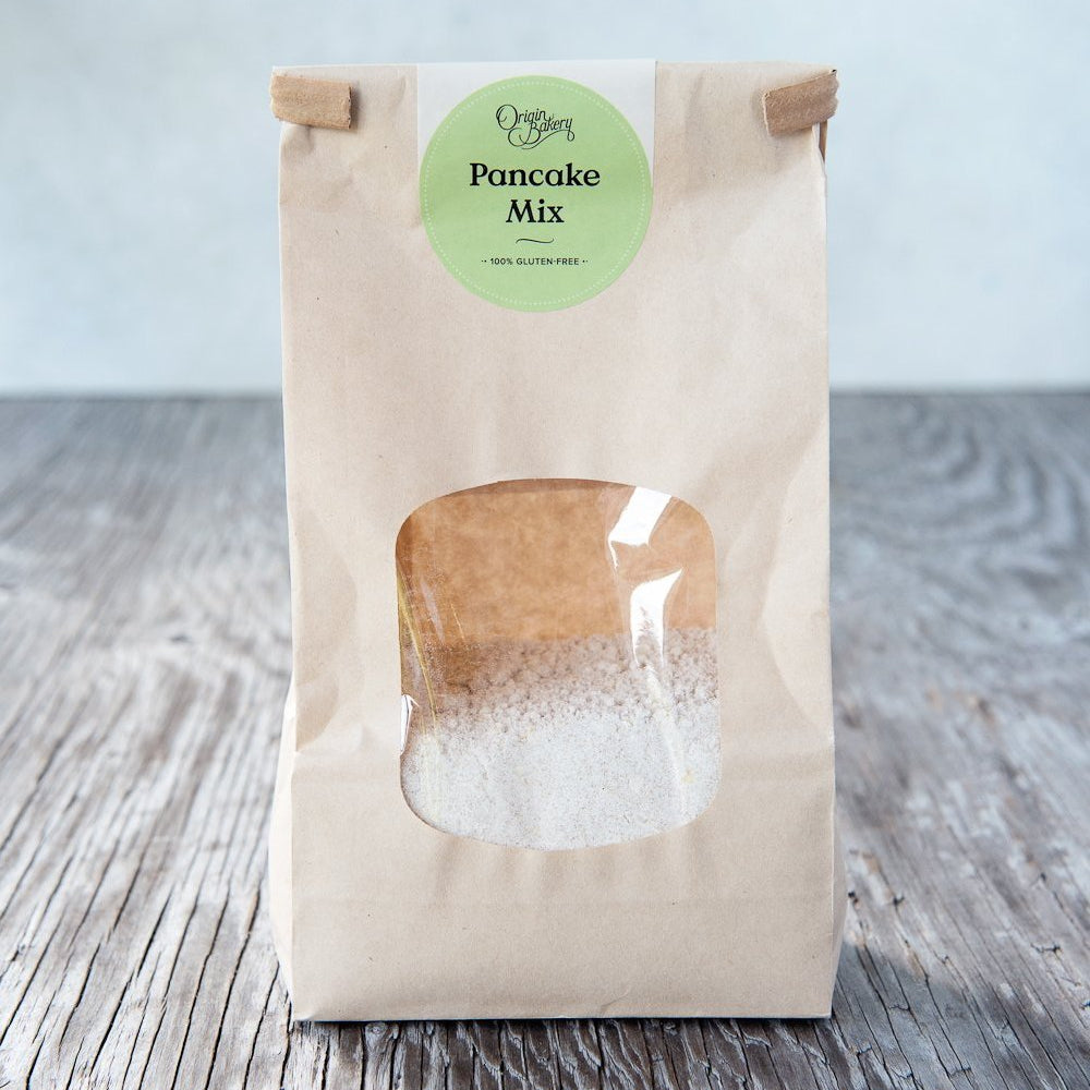 
                      
                        gluten free pancake mix in paper window tin tie bag with Origin Bakery sticker
                      
                    