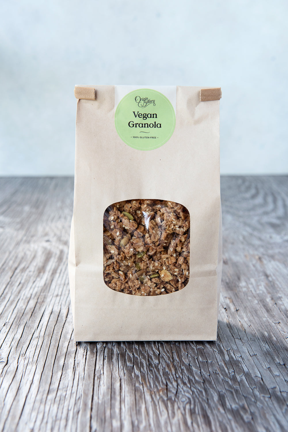 gluten free vegan granola 500g in paper window tin tie bag with Origin Bakery sticker